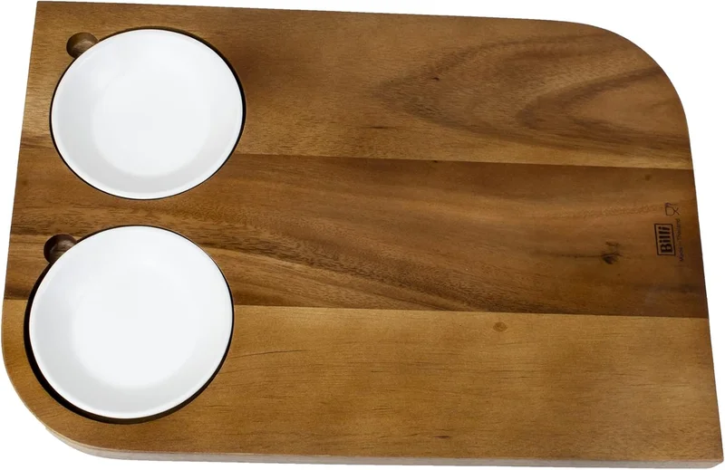 BILLI Billi Wooden Serving Board With 2 Pcs Ceramic Dip Bowl, Wooden Steak Plate Food Platter, Brown/White
